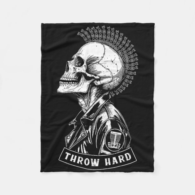 Disc Golf Player Punk Rock Skull Mohawk Throw Hard Fleece Blanket (Front)