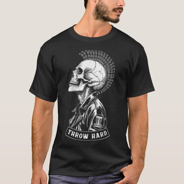 Disc Golf Player Punk Rock Skull Mohawk Throw Hard T-Shirt (Front)