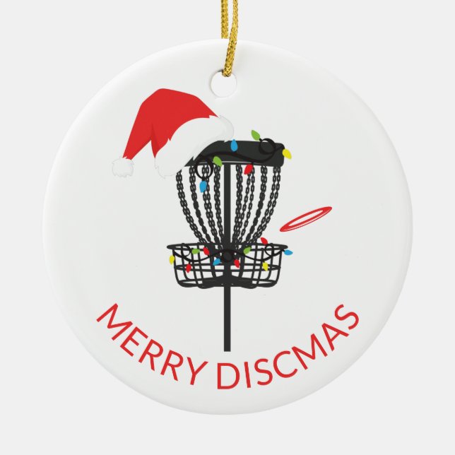 Disc Golf Santa Hat Christmas Ceramic Ornament (Front)