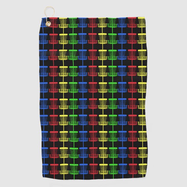 Disc golf towel black multi colour baskets (Front)