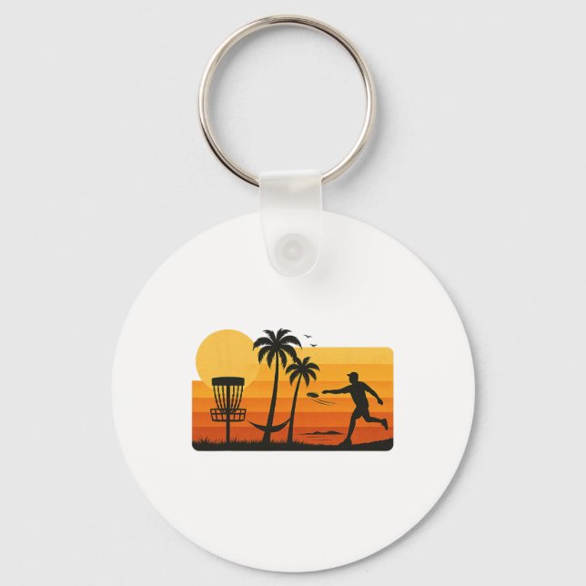 Disc Golf Tropical Sunset Palm Trees Beach Graphic Keychain (Front)