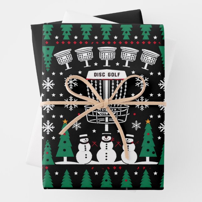 Disc Golf Ugly Christmas Sweater Pajama Gifts Wrapping Paper Sheet (In situ)