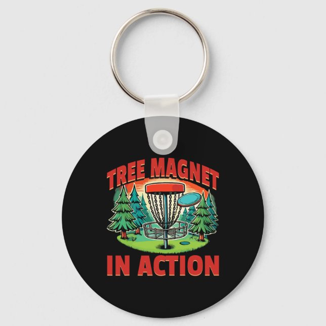 Disc Golfer Disc Golf Tree Magnet In Action  Keychain (Front)