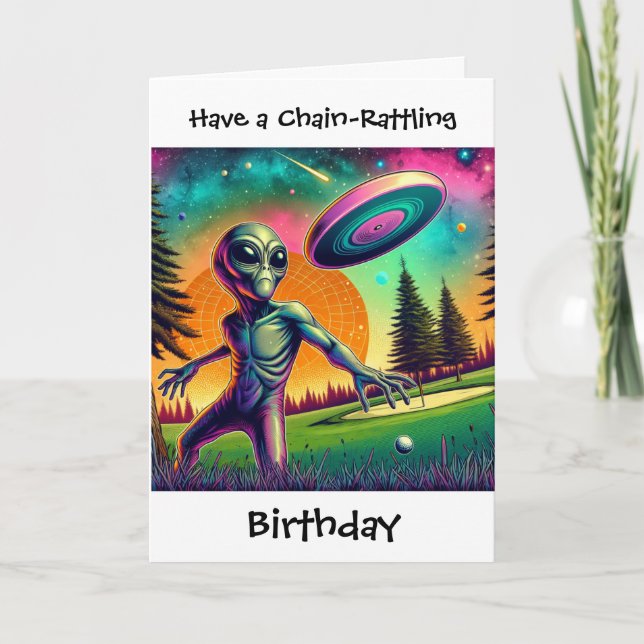 Disc Golfing Alien Funny Pun Birthday Card (Front)