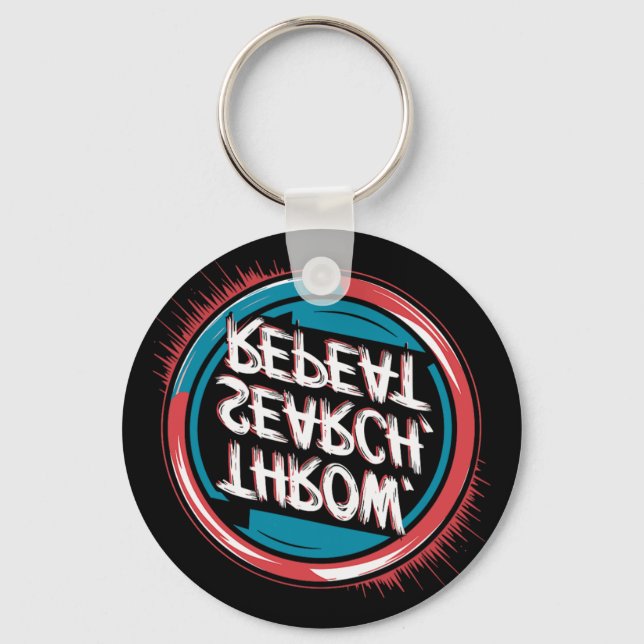 Disc Golfing Disc, Throw Search Repeat, Retro Disc Keychain (Front)
