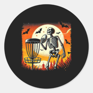Disc Golfing Skeleton Halloween Disc Golf For Squa Classic Round Sticker
