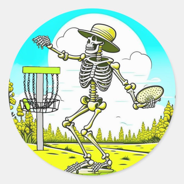Disc Golfing Skeleton in Hat Retro  Classic Round Sticker (Front)
