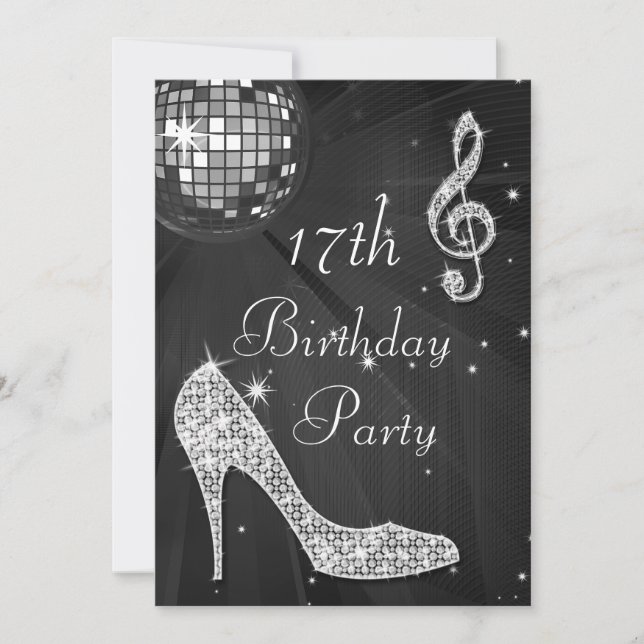 Disco Ball and Heels Black & Silver 17th Birthday Invitation (Front)