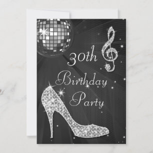 Disco Ball and Heels Black & Silver 30th Birthday Invitation