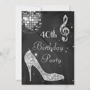 Disco Ball and Heels Black & Silver 40th Birthday Invitation