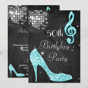 Disco Ball and Heels Black & Turquoise 50th Invitation