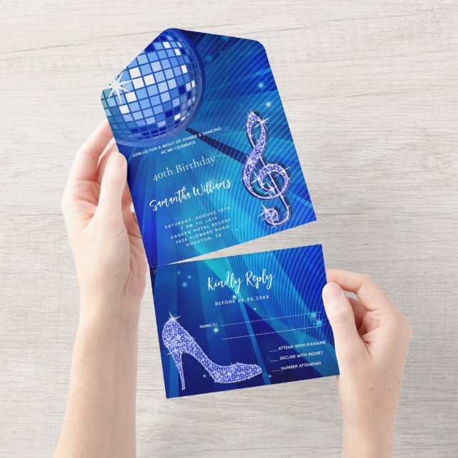 Disco Ball and Heels Blue Birthday All In One Invitation (Tearaway)