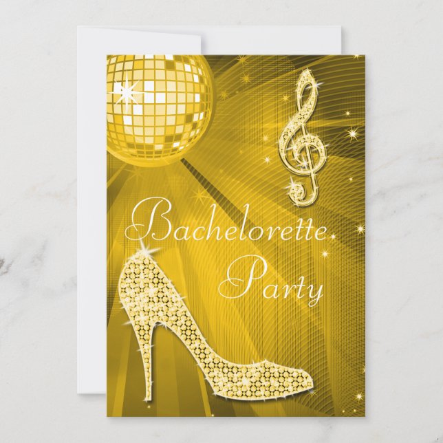 Disco Ball and Sparkle Heels Gold Bachelorette Invitation (Front)