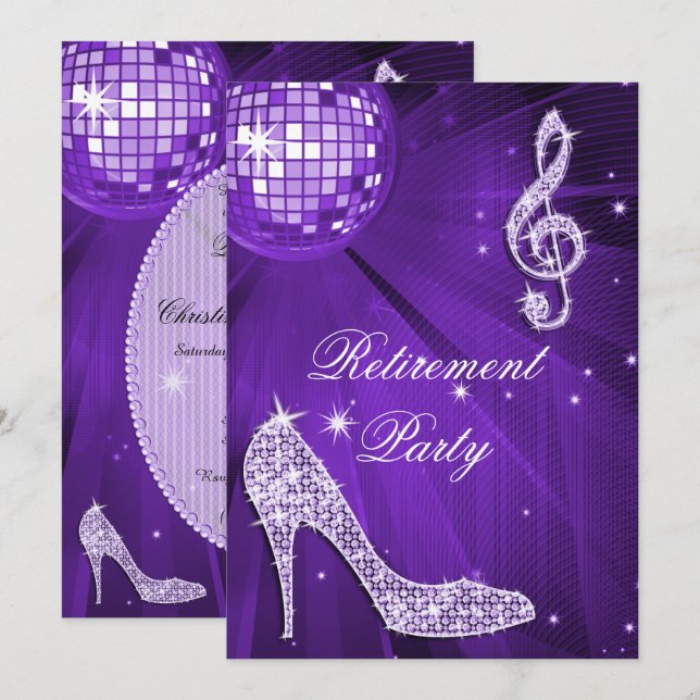 Disco Ball and Sparkle Heels Lilac Retirement Invitation (Front/Back)