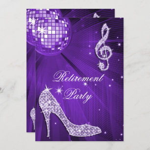 Disco Ball and Sparkle Heels Lilac Retirement Invitation