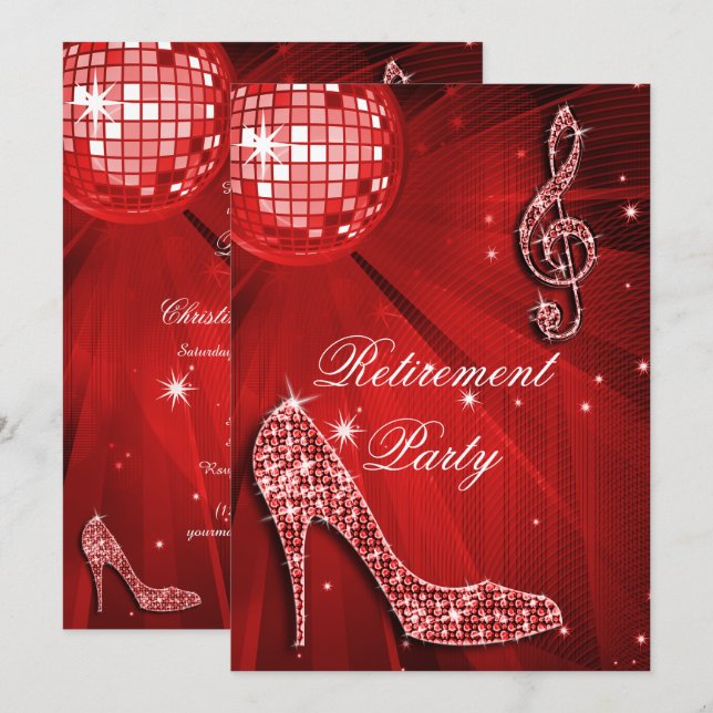 Disco Ball and Sparkle Heels Red Retirement Invitation (Front/Back)