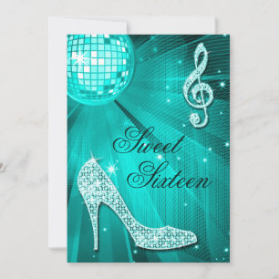 Disco Ball and Sparkle Heels Teal Sweet 16 Invitation