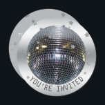 Disco Ball Birthday Party Disco Dance Party Circle Invitation<br><div class="desc">Remember disco balls? Black lights? If you're old enough to remember, this is the disco party invitation for you- Groovy circle shape. Actual photo of an old school, silver mirror disco ball against a grey silver looking background with scattered faux silver glitter stars. Let the good times roll! Reads 'You're...</div>