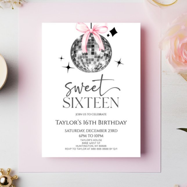 Disco Ball Bow Sweet Sixteen 16th Birthday Party Invitation (Creator Uploaded)