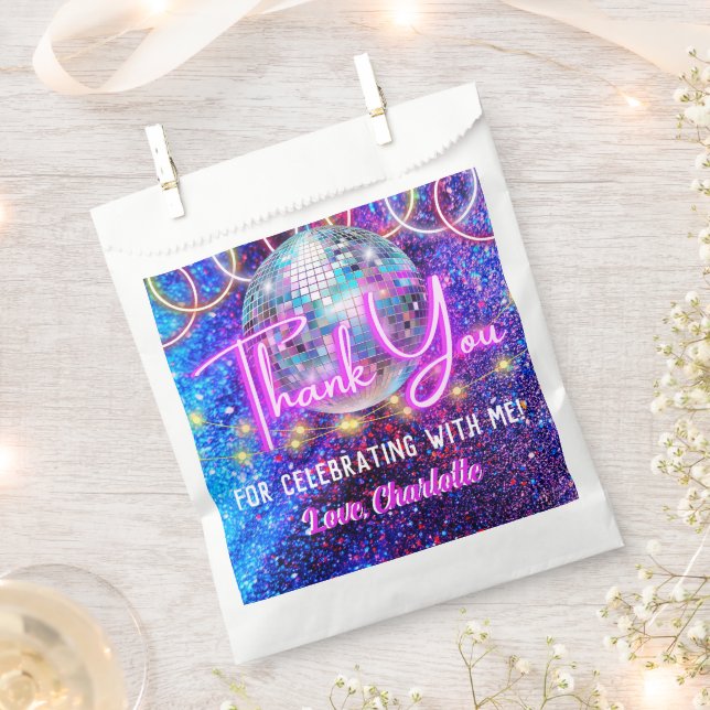 Disco Ball Bright Neon Pink Glowing Thank You Favour Bag (Clipped)