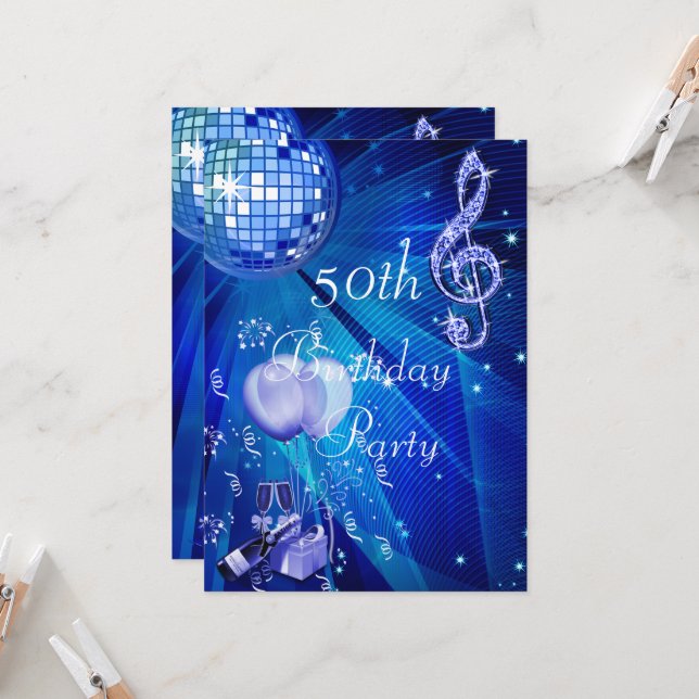 Disco Ball, Champagne & Balloons 50th Birthday Invitation (Front/Back In Situ)