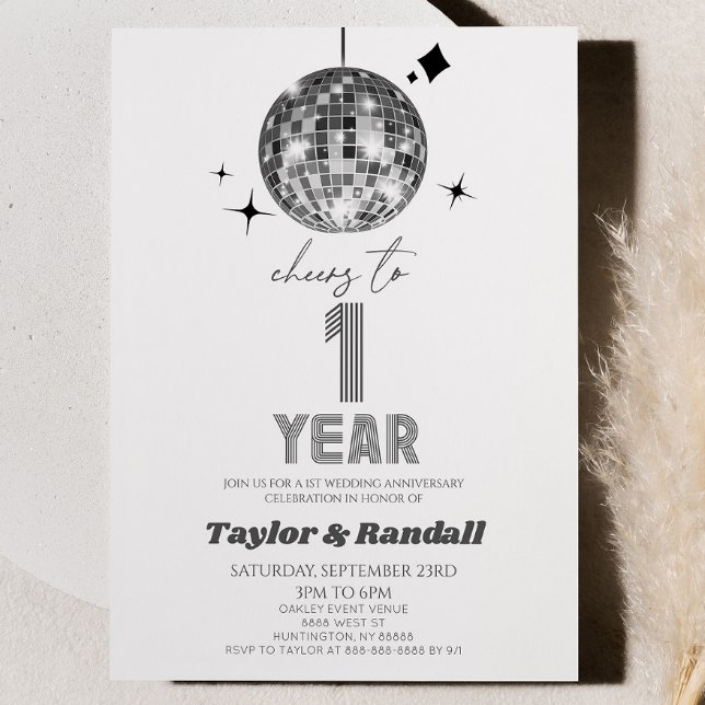 Disco Ball Cheers To 1 Year Wedding Anniversary Invitation (Creator Uploaded)