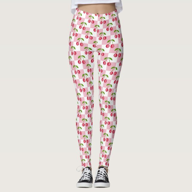 Disco Ball Cherry Chequered Pattern Leggings (Front)