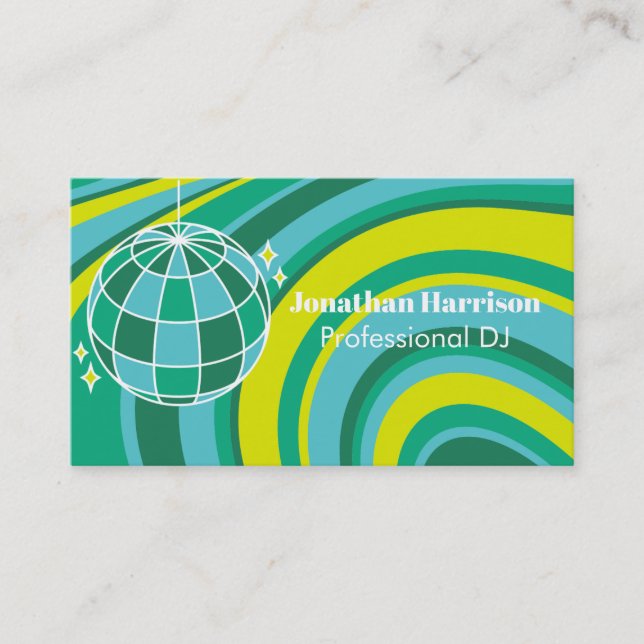 Disco Ball DJ Retro Groovy Wave Green Business Card (Front)
