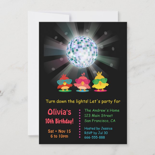 Disco Ball Glow And Dancing Birds Birthday Party Invitation (Front)
