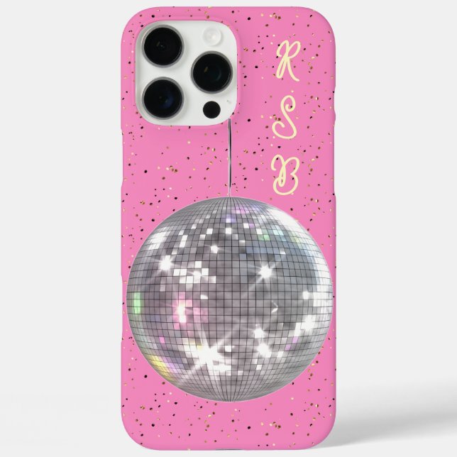Disco Ball Hot Pink Yellow Script Monogram  Case-Mate iPhone Case (Back)
