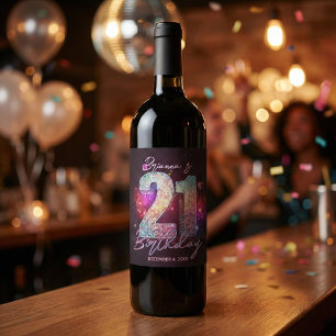Disco Ball Musical Notes Pink Purple 21st Birthday Wine Label