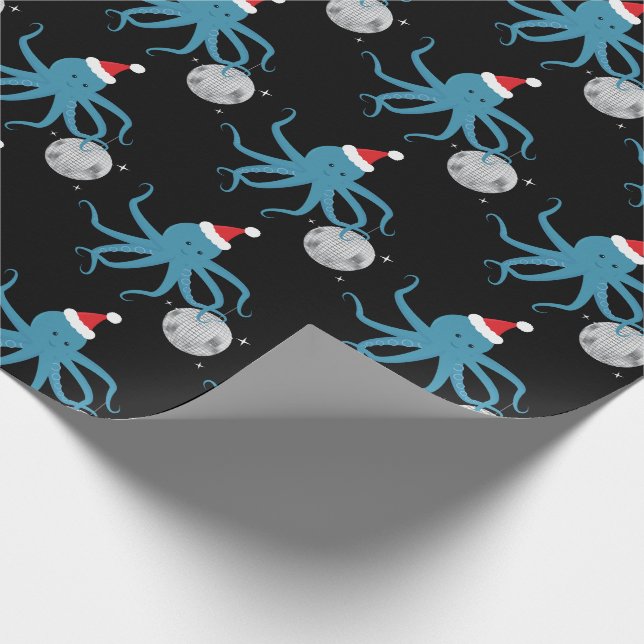 Disco Ball Octopus Santa Hat Christmas Wrapping Paper (Corner)
