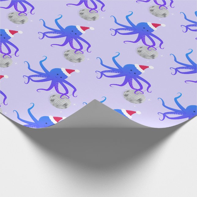 Disco Ball Octopus Santa Hat Christmas Wrapping Paper (Corner)