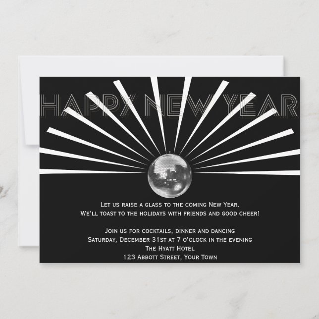 Disco Ball on Black and White New Years Eve Invitation (Front)