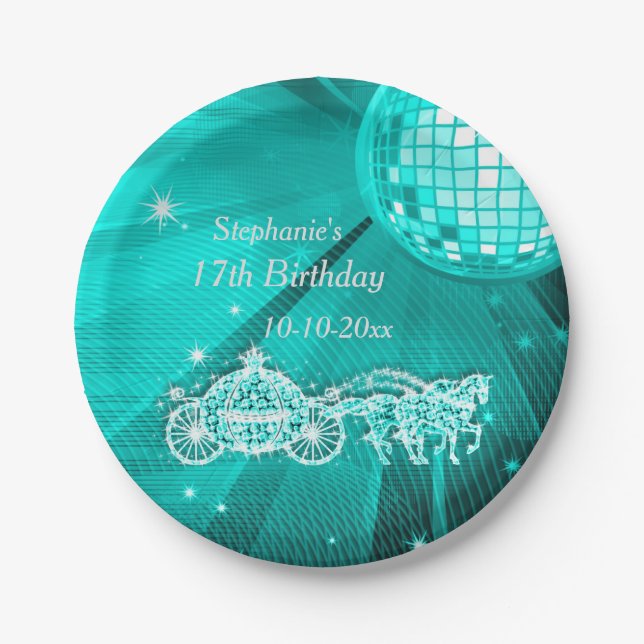 Disco Ball, Princess Coach & Horses 17th Birthday Paper Plate (Front)