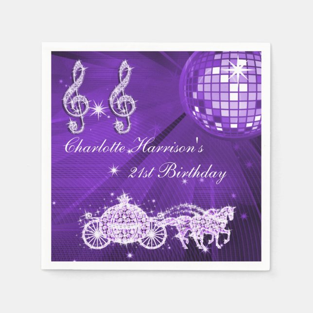 Disco Ball, Princess Coach & Horses 21st Birthday Napkin (Front)