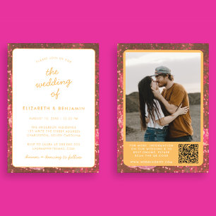Disco Ball QR Code Photo Hot Pink Orange Wedding Invitation