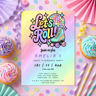 Disco Ball Roller Skate Sweet 16 Birthday Party Invitation