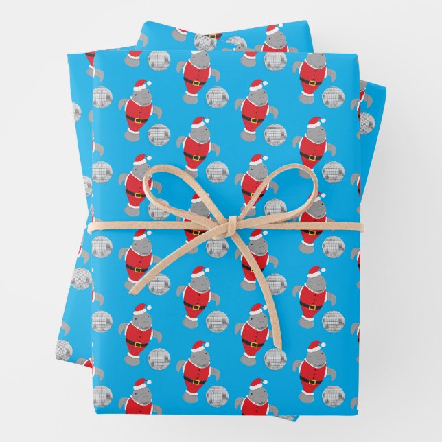 Disco Ball Santa Manatee Animal Christmas Wrapping Paper Sheet (In situ)