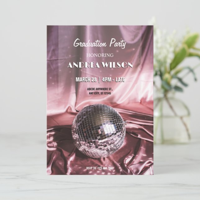 Disco ball silk pink GRADUATION PARTY Invitation (Standing Front)