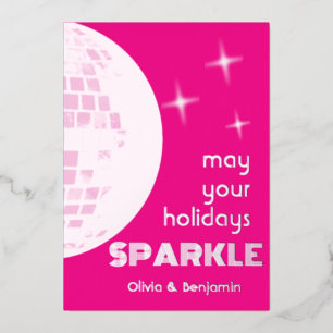 Disco Ball Sparkle Foil Holiday Card Hot Pink