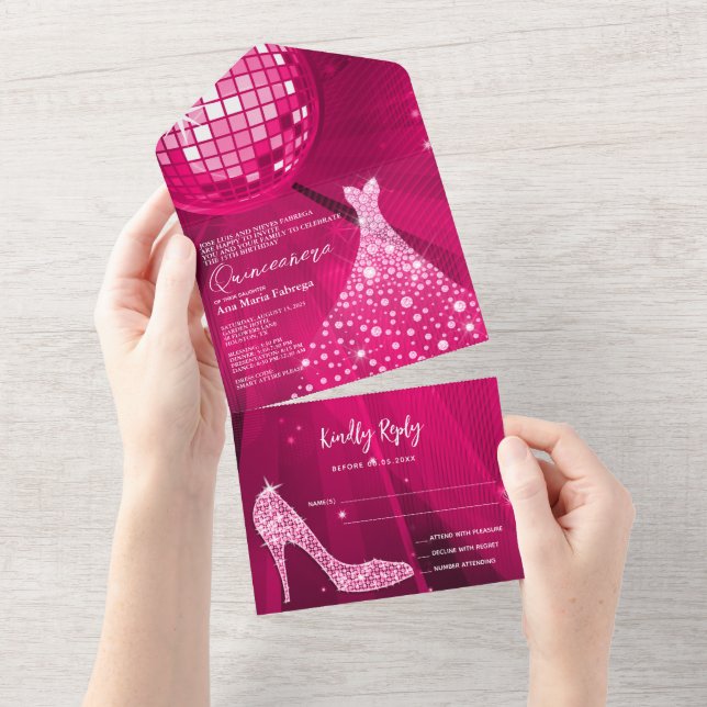 Disco Ball, Stiletto & Ball Gown Pink Quinceañera All In One Invitation (Tearaway)