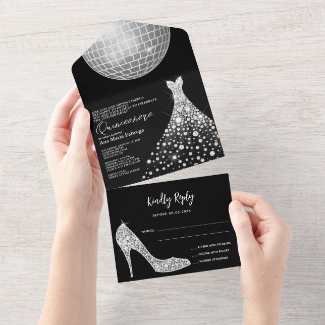Disco Ball, Stiletto & Ball Gown Quinceañera All In One Invitation (Tearaway)