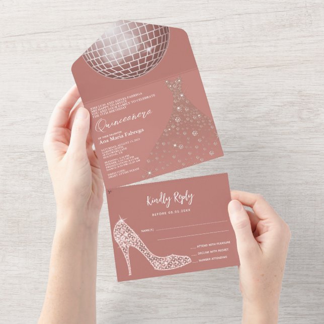 Disco Ball, Stiletto & Ball Gown Quinceañera All In One Invitation (Tearaway)