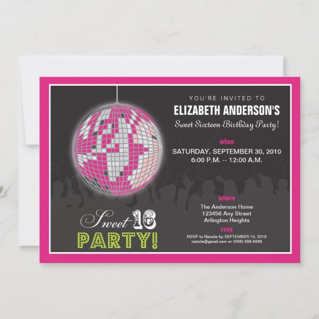Disco Ball Sweet 16 Birthday Party Invite (pink) (Front)