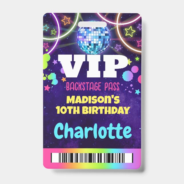 Disco Ball VIP Backstage Pass Birthday Lanyard Badge (Front)