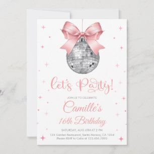 Disco ball with pink bow girl birthday invitation