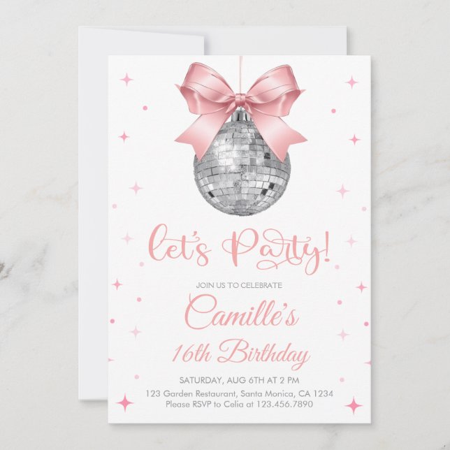 Disco ball with pink bow girl birthday  invitation (Front)