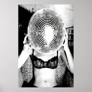 Disco Ball Woman Print, Black and White, Funky Poster