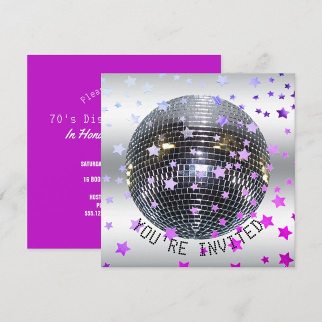 Disco Birthday Purple | Retro 70s Disco Party Invitation (Front/Back)